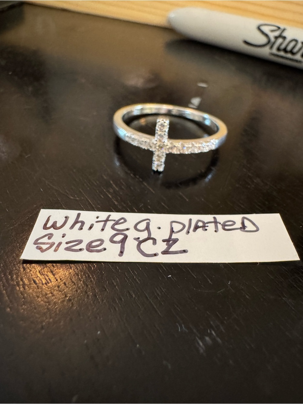 Sterling-Style White Gold Plated Cross Ring with CZ Accents